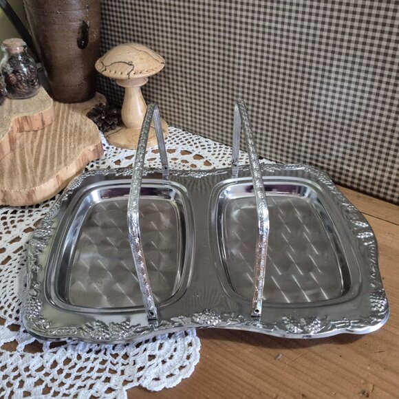Other - Vintage Silver Toned Serving Tray with Folding Handles Made in Hong Kong